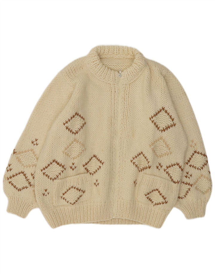 Maglione cardigan vintage da uomo XL bianco sporco a rombi/diamante