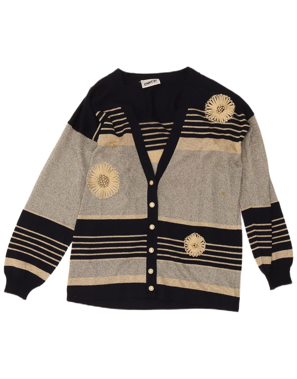 Maglione cardigan da donna vintage UK 16 grandi righe grigie