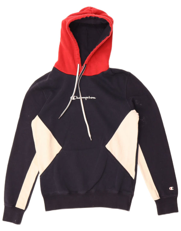 Champion Mens Hoodie Jumper Small Navy Blue Colourblock Cotton