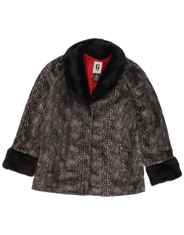 Guess Giacca da donna in pelliccia sintetica UK 14 Poliestere con stampa animalier grigio medio