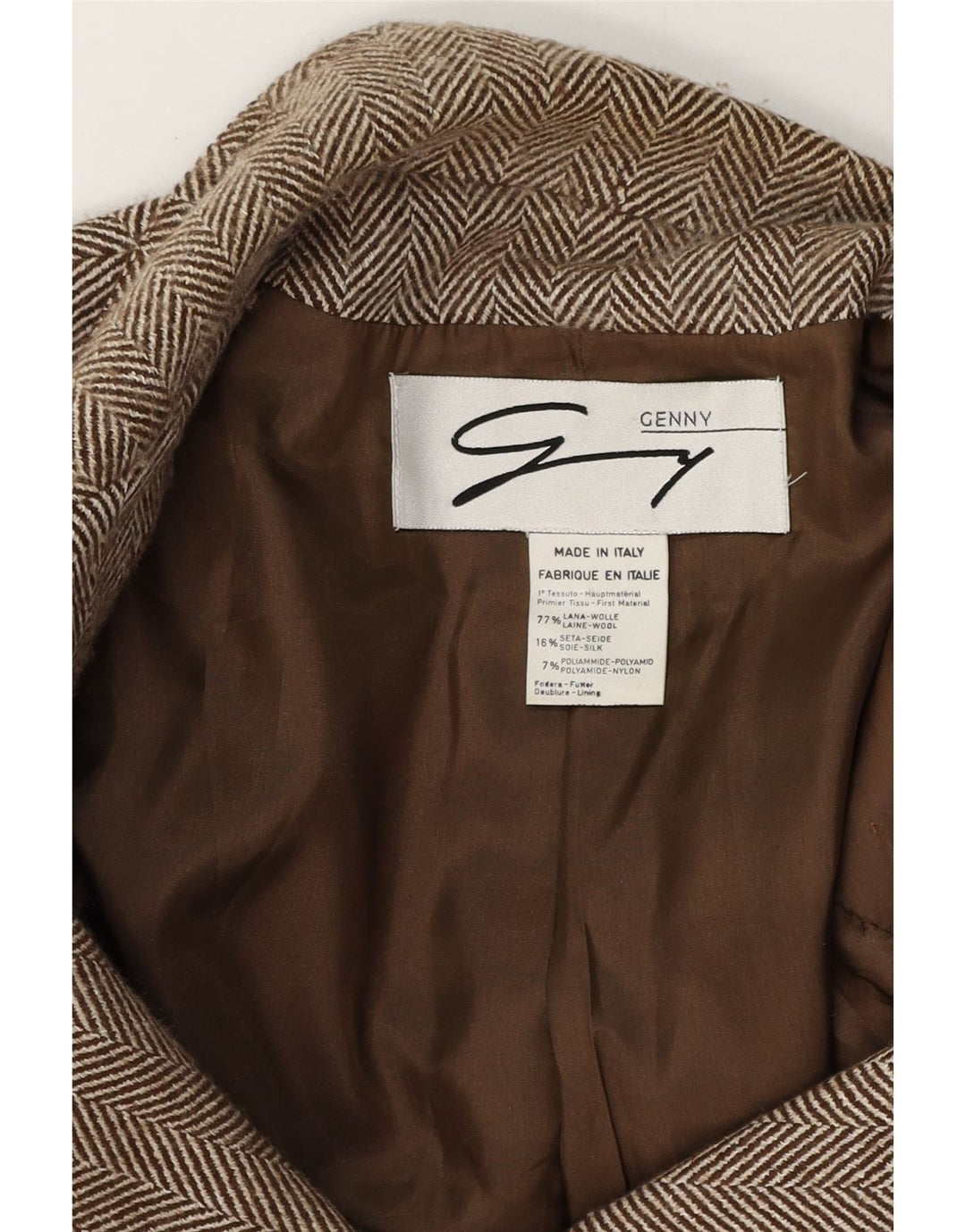 Giacca blazer da donna a 3 bottoni Genny UK 16 grande lana a spina di pesce marrone