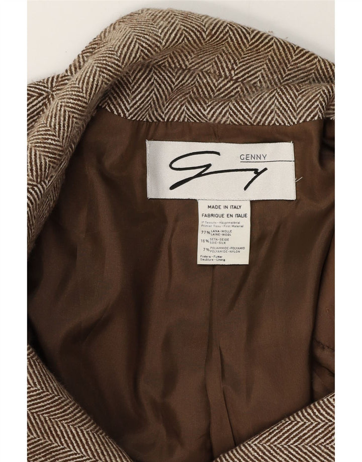 Giacca blazer da donna a 3 bottoni Genny UK 16 grande lana a spina di pesce marrone