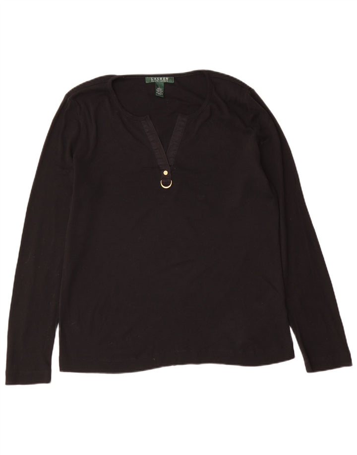 RALPH LAUREN Top da donna a maniche lunghe UK 16 grande cotone nero
