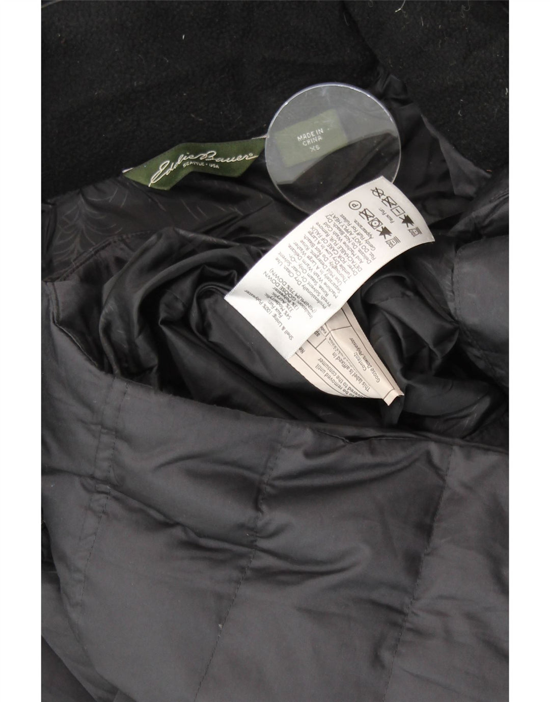 EDDIE BAUER Cappotto imbottito oversize con cappuccio da donna UK 6 XS Poliestere nero