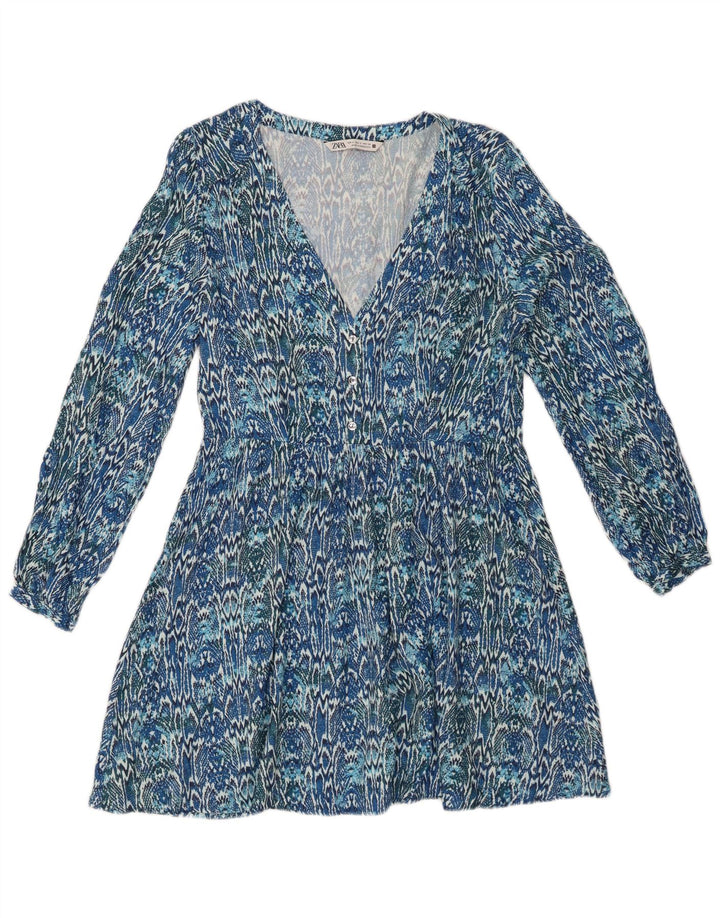 Abito a trapezio a maniche lunghe da donna ZARA UK 10 piccolo in viscosa Ikat blu