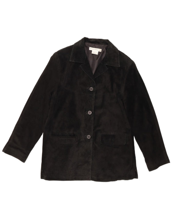 Giacca blazer vintage da donna in pelle scamosciata a 3 bottoni in pelle nera media