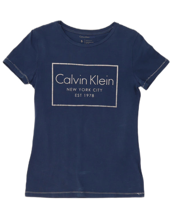 CALVIN KLEIN JEANS T-shirt grafica da donna Top UK 10 Small Blu Navy Cotone