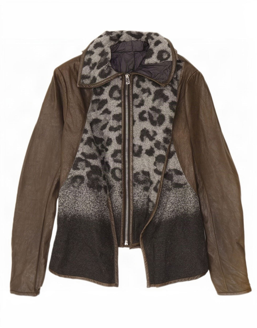 Giacca in pelle vintage da donna UK 10 piccola stampa animalier marrone