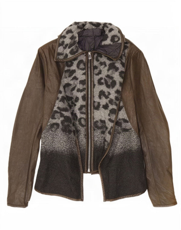 Giacca in pelle vintage da donna UK 10 piccola stampa animalier marrone