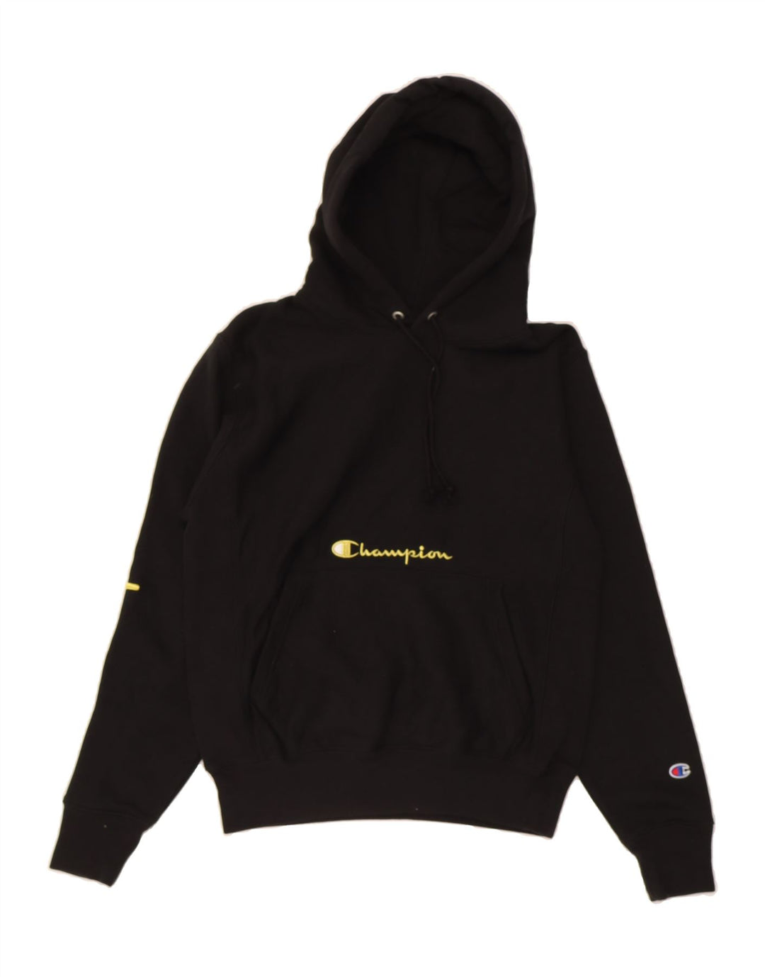 CHAMPION Mens Reverse Weave Graphic Hoodie Jumper Small Black Cotton Vintage Champion and Second-Hand Champion from Messina Hembry 