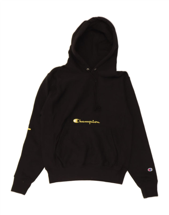 CHAMPION Mens Reverse Weave Graphic Hoodie Jumper Small Black Cotton Vintage Champion and Second-Hand Champion from Messina Hembry 
