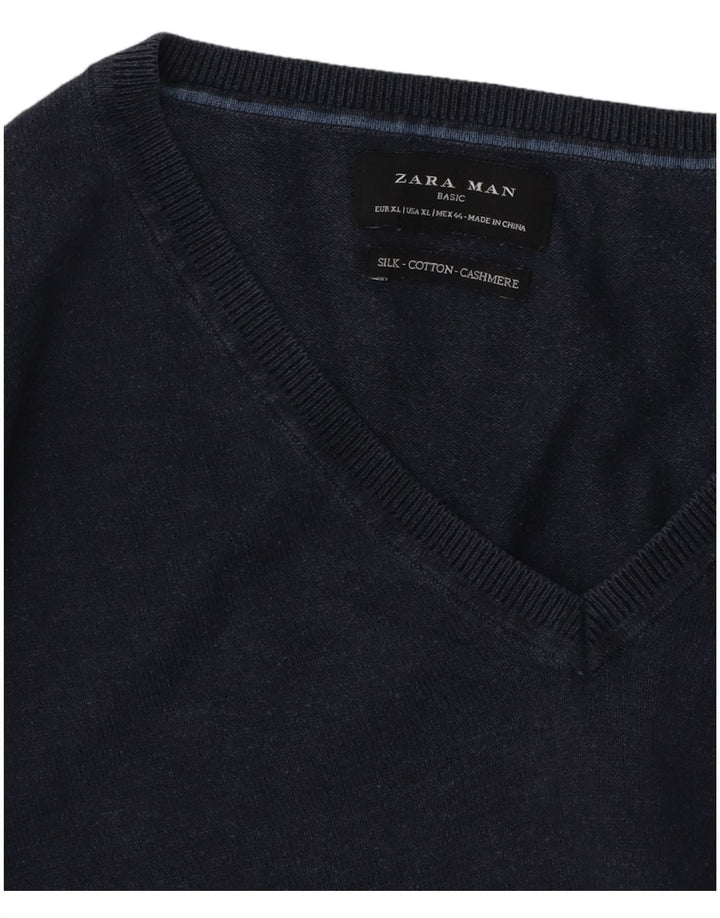Maglione Zara da uomo con scollo a V XL in cotone blu navy