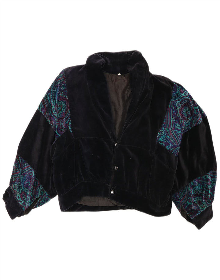 Giubbotto bomber corto oversize da donna vintage UK 10 piccolo blu navy con motivi cachemire