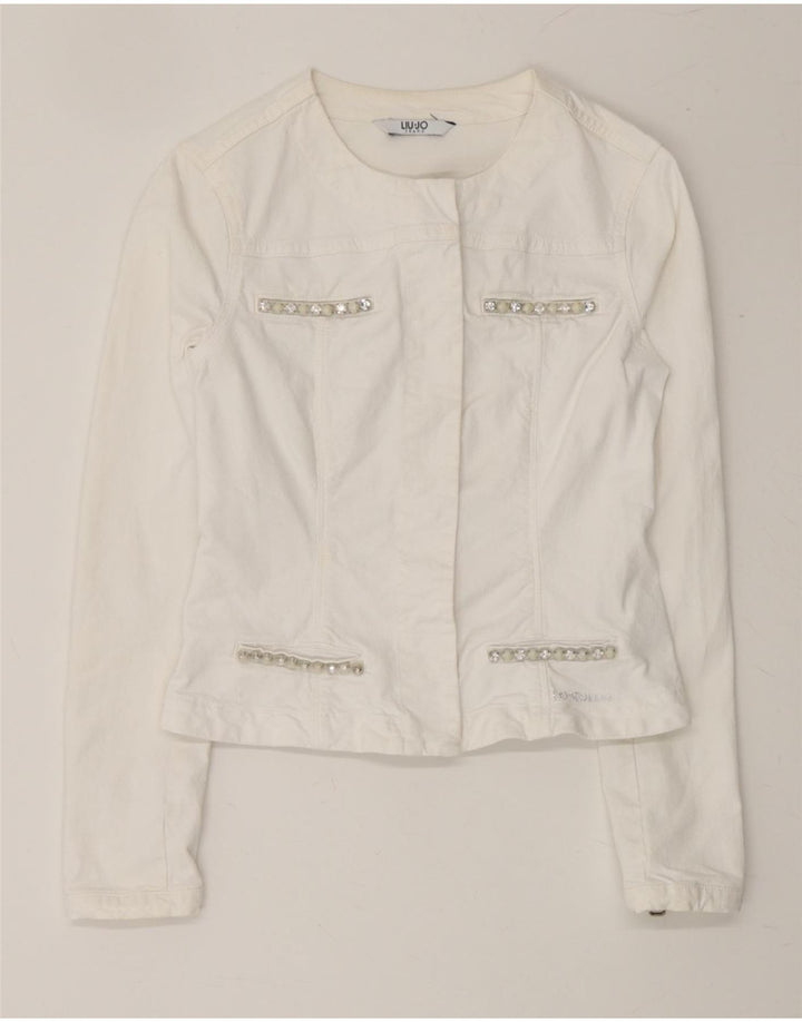 LIU JO Womens Crop Denim Jacket IT 40 Small White Cotton Vintage Liu Jo and Second-Hand Liu Jo from Messina Hembry 