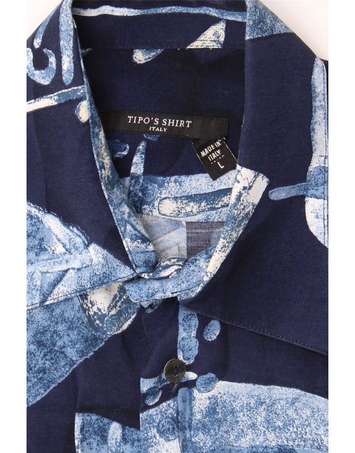 TIPO' S Mens Short Sleeve Shirt Large Blue Geometric Viscose Vintage Tipo' S and Second-Hand Tipo' S from Messina Hembry 