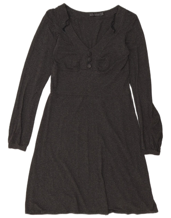 Abito a trapezio a maniche lunghe da donna Zara UK 14 Grande viscosa chiazzata grigia