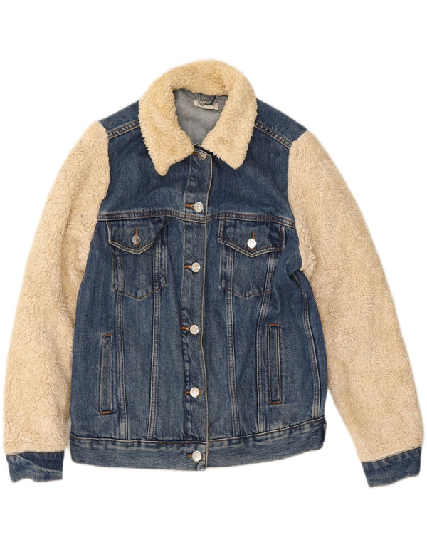 Topshop Giacca da donna in denim con vestibilità ampia in pelliccia sintetica UK 6 XS Blu Colourblock