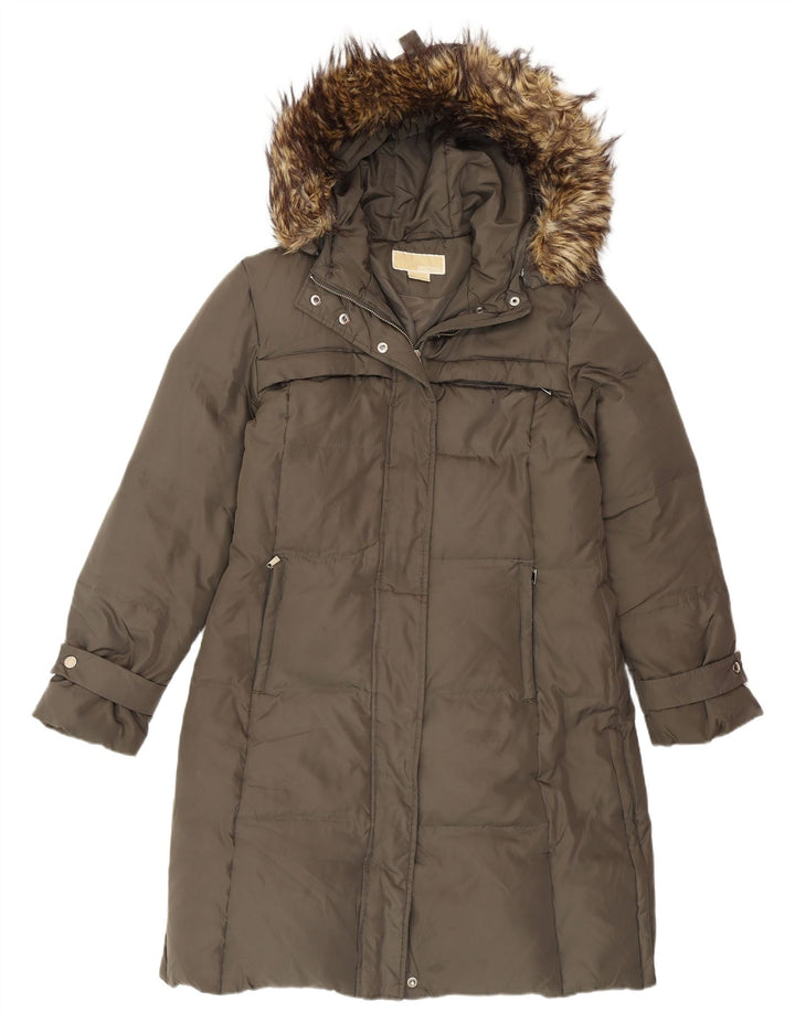 Cappotto imbottito con cappuccio da donna Michael Kors UK 14 medio poliestere kaki invernale