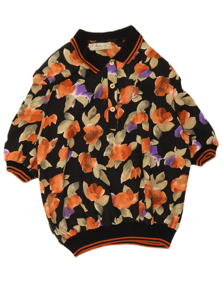 Camicia pullover vintage da donna IT 52 2XL Nera floreale