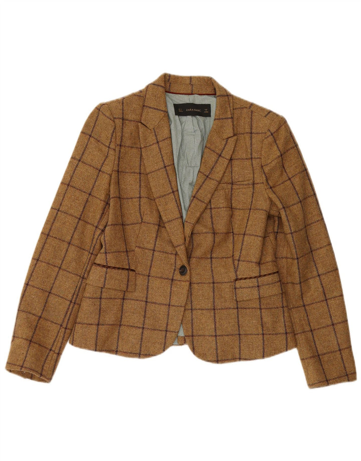 Giacca blazer a 1 bottone da donna Zara UK 14 lana a quadri marroni grandi