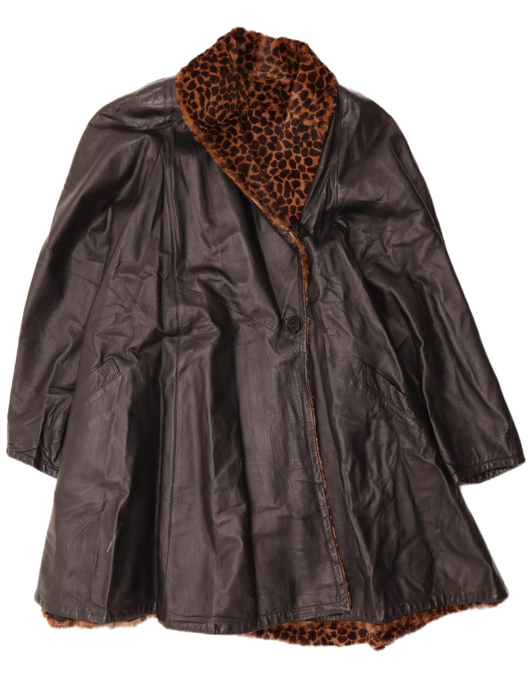 Cappotto vintage oversize in pelle reversibile da donna IT 46 grande nero