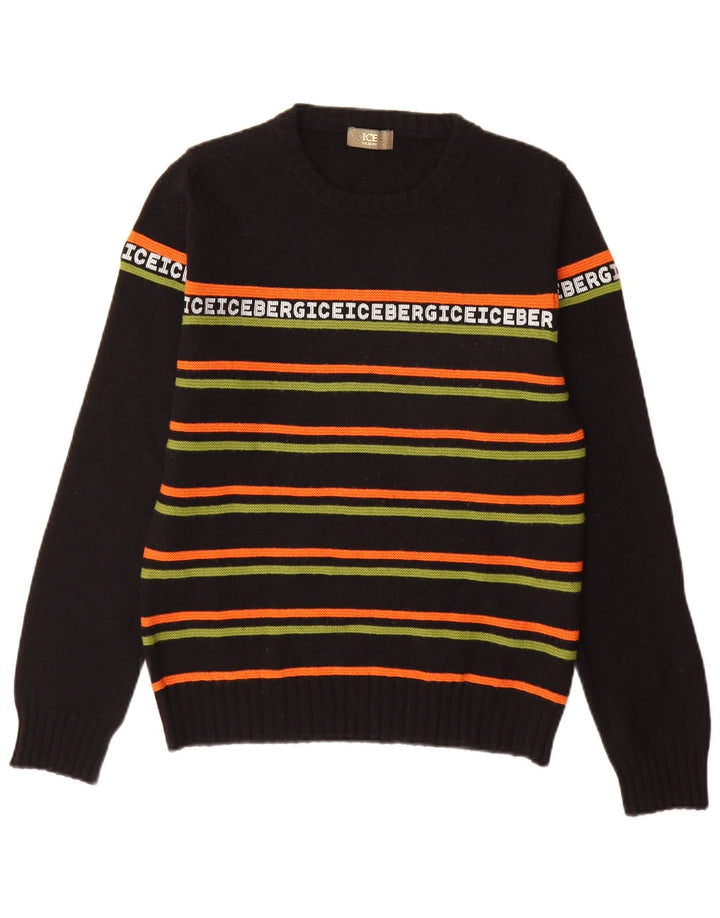 Iceberg Maglione girocollo con grafica da uomo, maglione piccolo in lana a righe nere