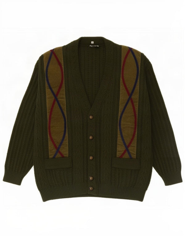 Vintage Mens Cardigan Sweater Large Khaki Colourblock Acrylic