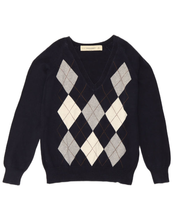 Maglione Zara da donna con scollo a V UK 14 Large Blu Navy Argyle/Diamante