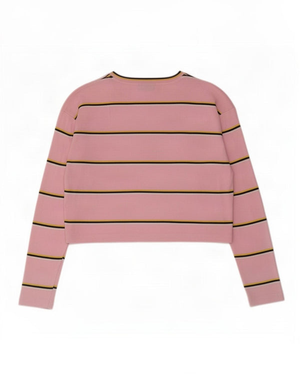 Topshop Donna Crop Top Manica Lunga UK 4 XS Cotone a Righe Rosa