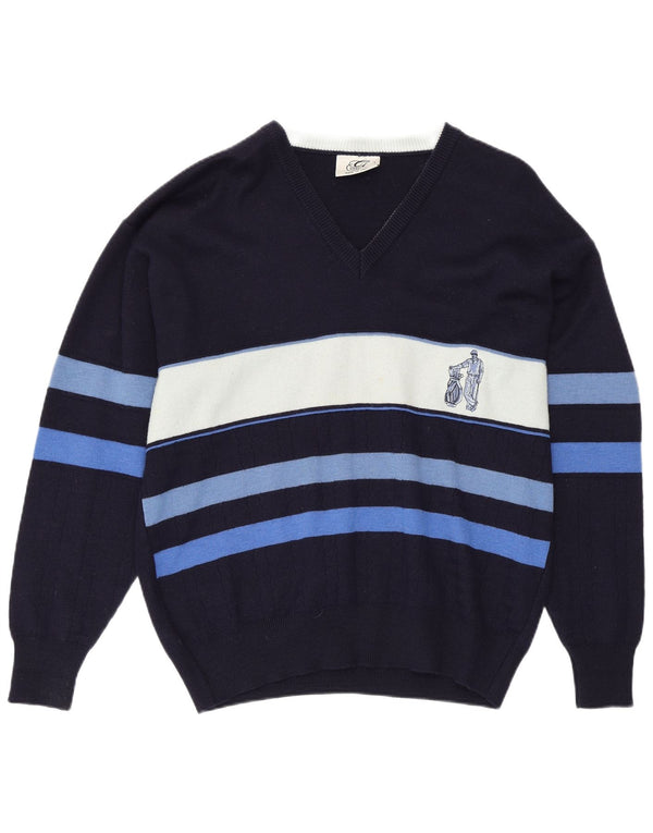 Maglione Gabicci da uomo con scollo a V, lana a righe grandi blu navy