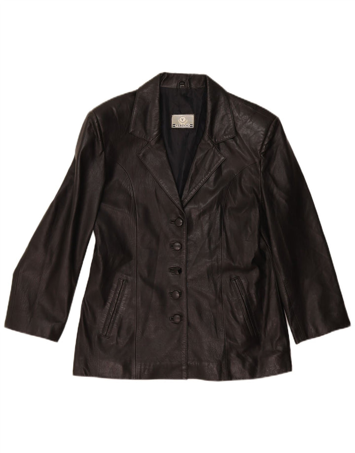 Giacca blazer in pelle vintage da donna a 5 bottoni UK 14 grande nera