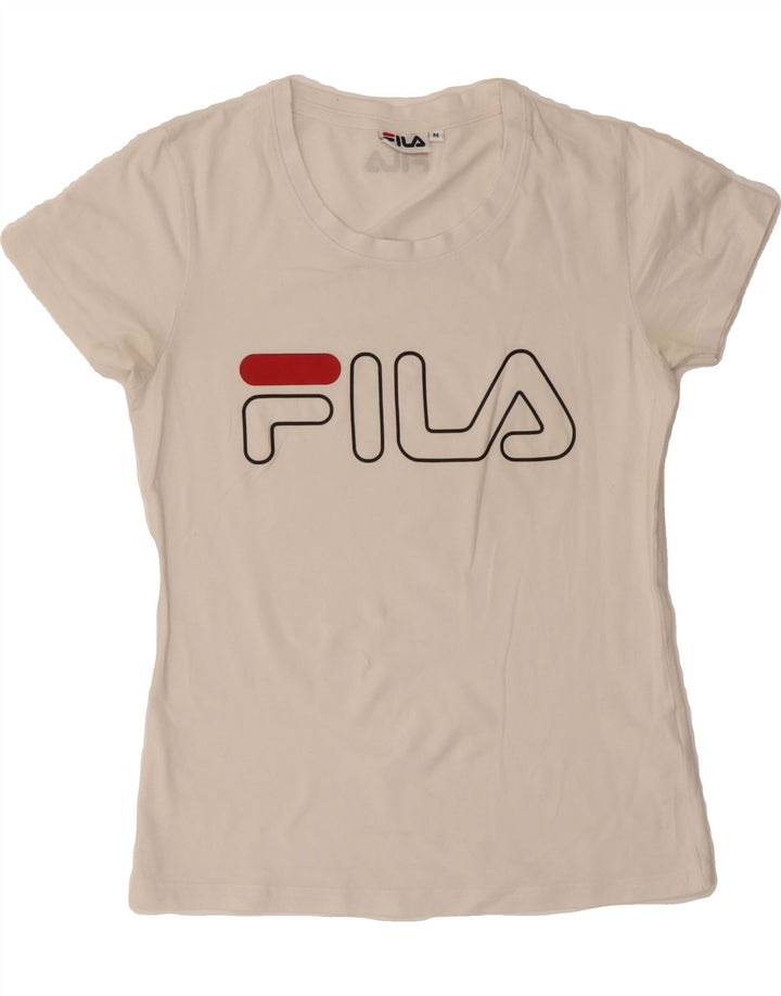 FILA Womens Graphic T-Shirt Top UK 12 Medium White Cotton Vintage Fila and Second-Hand Fila from Messina Hembry 
