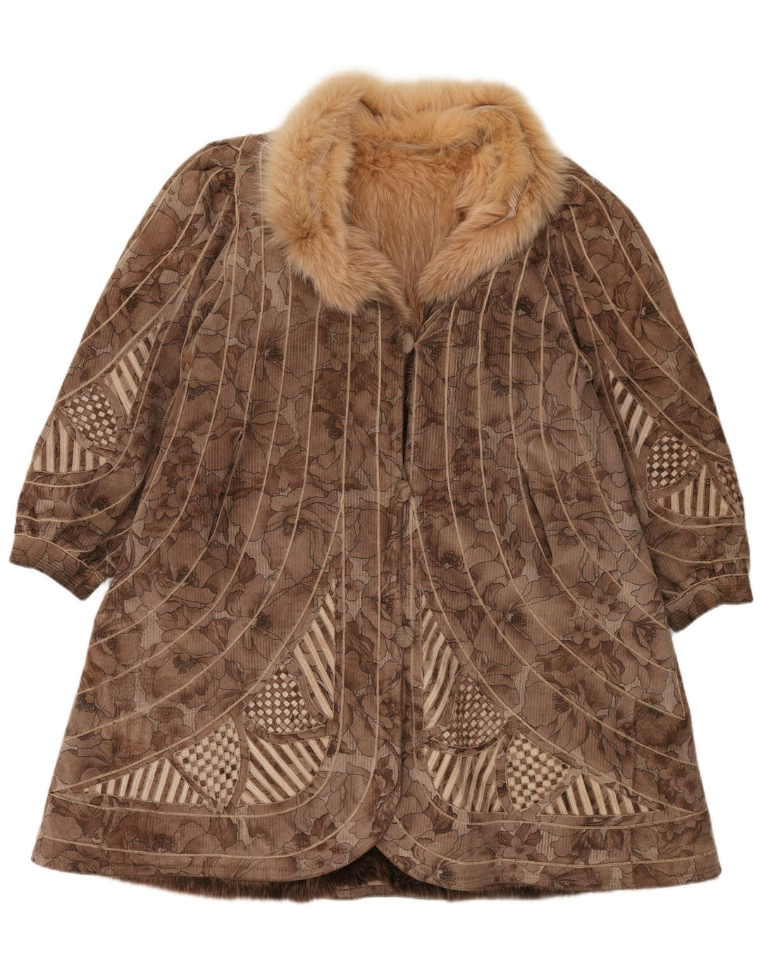Soprabito reversibile da donna in pelliccia sintetica VINTAGE UK 18 XL marrone floreale