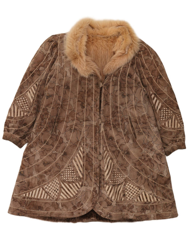 Soprabito reversibile da donna in pelliccia sintetica VINTAGE UK 18 XL marrone floreale