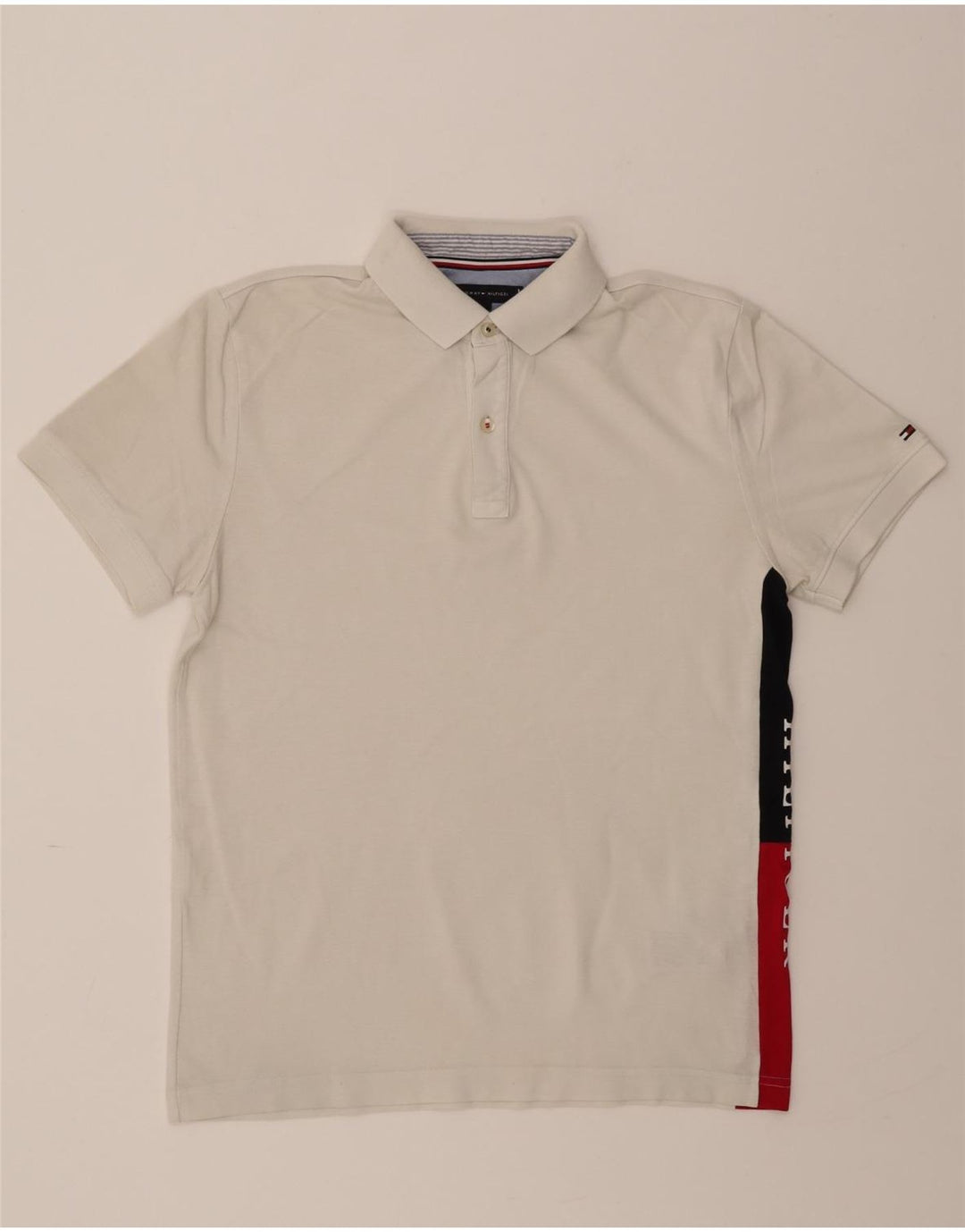 TOMMY HILFIGER Mens Regular Fit Graphic Polo Shirt Small White Colourblock Vintage Tommy Hilfiger and Second-Hand Tommy Hilfiger from Messina Hembry 