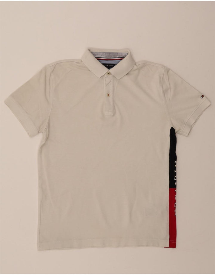 TOMMY HILFIGER Mens Regular Fit Graphic Polo Shirt Small White Colourblock Vintage Tommy Hilfiger and Second-Hand Tommy Hilfiger from Messina Hembry 