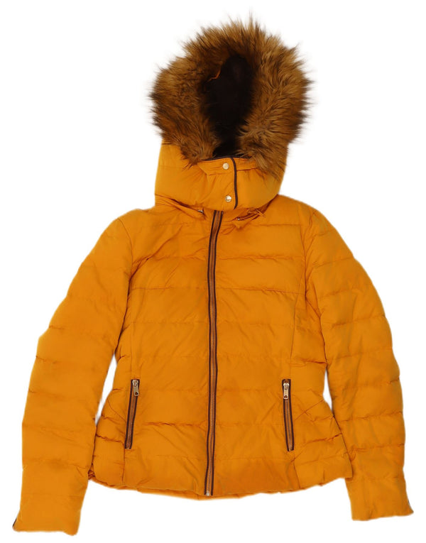 Zara Womens Hooded Padded Jacket UK 12 Medium Yellow Polyester