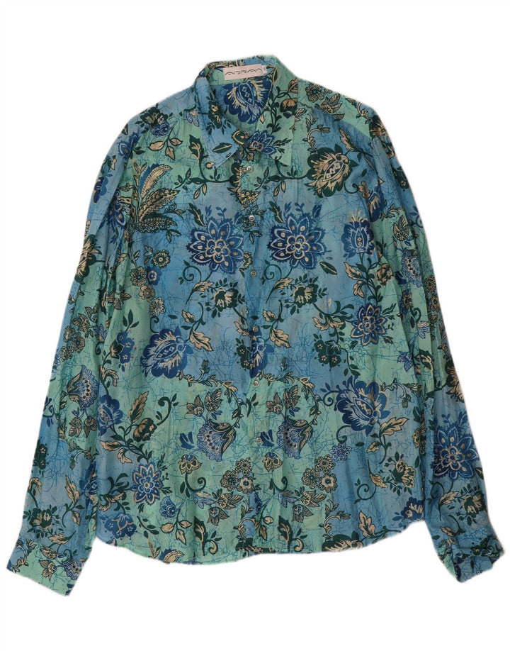 Camicia vintage da uomo 2XL in seta floreale blu