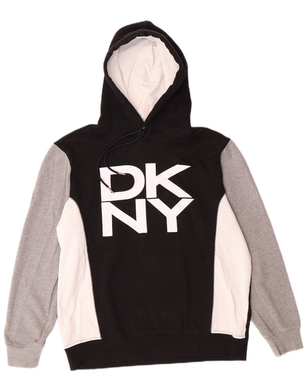 DKNY Mens Graphic Hoodie Jumper Large Black Colourblock Cotton
