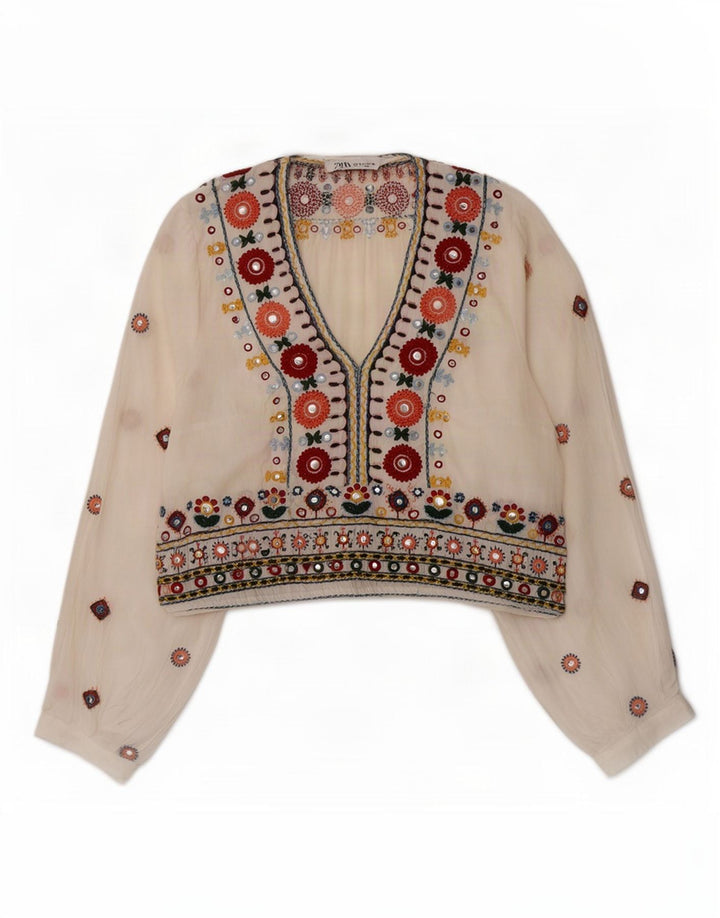 Top corto trasparente da donna Zara, camicetta UK 14, bianco medio floreale