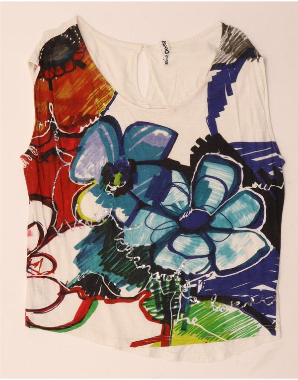 Desigual Gilet grafico da donna Top UK 18 XL Cotone floreale bianco