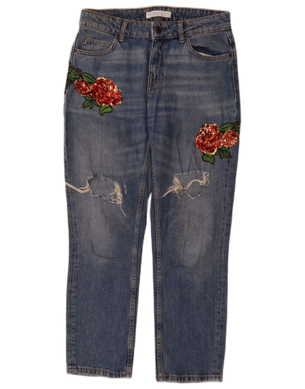 Jeans dritti effetto invecchiato da donna Zara EU 36 XS W26 L29 cotone floreale blu