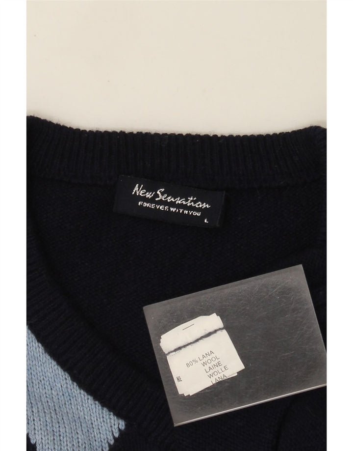 Maglione da uomo con scollo a V New Sensation grande blu navy a rombi/diamante
