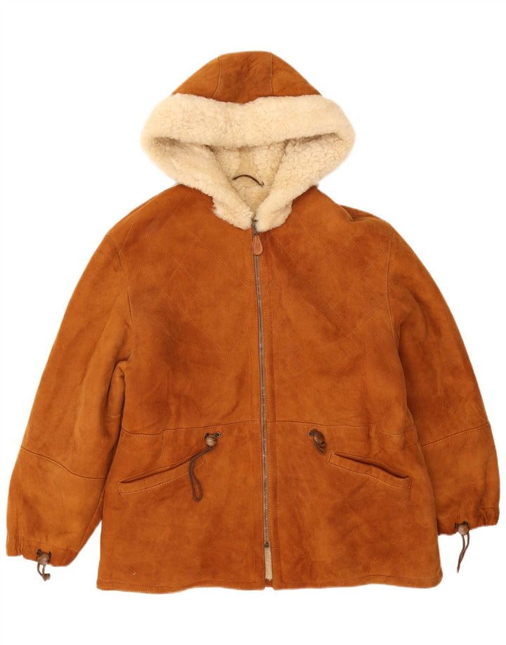 Giacca da uomo in pelle scamosciata Sherpa con cappuccio Marika UK 40 grande marrone