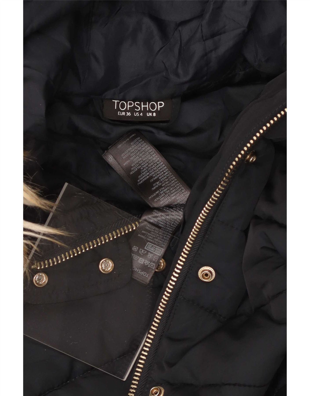 Topshop Giacca imbottita con cappuccio da donna UK 8 Small Poliestere blu navy