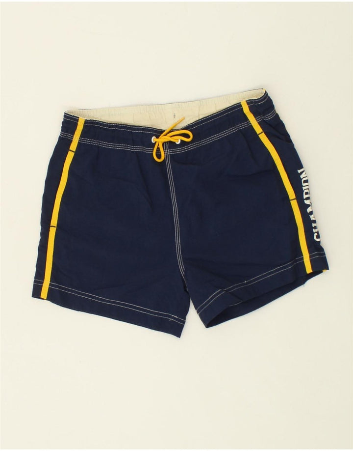 CHAMPION Boys Graphic Sport Shorts 9-10 Years Medium Navy Blue Colourblock Vintage Champion and Second-Hand Champion from Messina Hembry 
