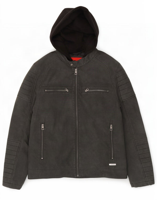 Guess Giacca da corsa da uomo in ecopelle con cappuccio UK 40 Large Grigio Poliuretano