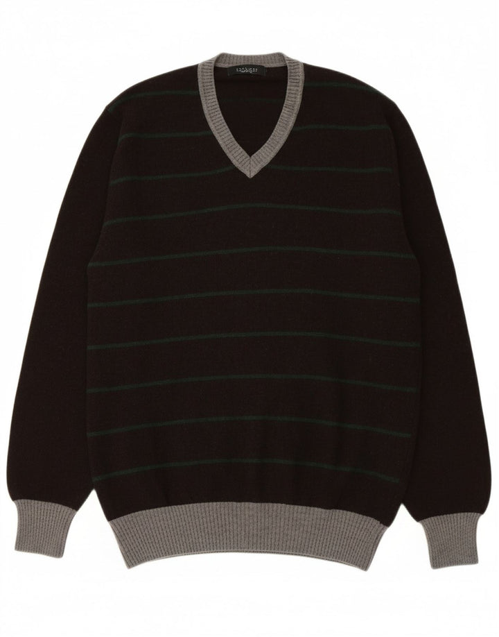 ZARA Mens V-Neck Jumper Sweater XL Grey Striped Wool Vintage Zara and Second-Hand Zara from Messina Hembry 