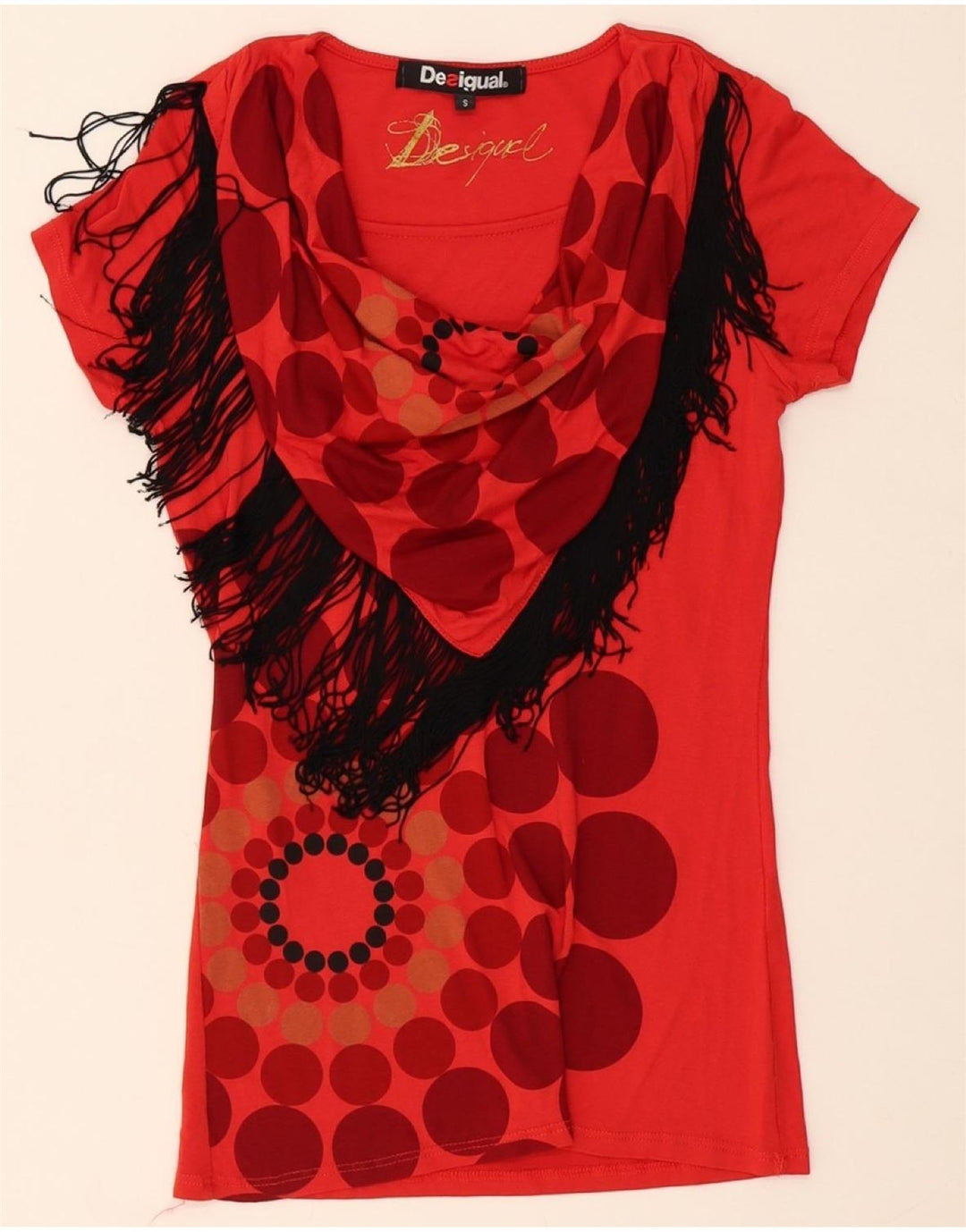 DESIGUAL Womens Graphic T-Shirt Top UK 8 Small Red Spotted Vintage Desigual and Second-Hand Desigual from Messina Hembry 