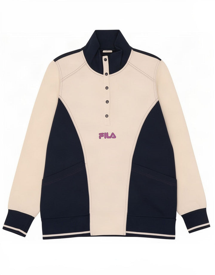Fila Donna Felpa con Collo a Bottone Maglione UK 8 Small Blu Navy Colourblock